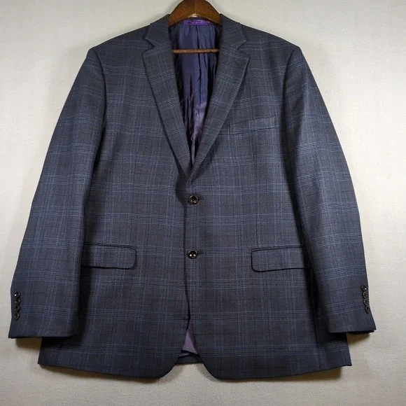 Tallia Mens 46R Wool Blazer Blue Windowpane Plaid Sport Coat Single Breasted - Picture 1 of 8